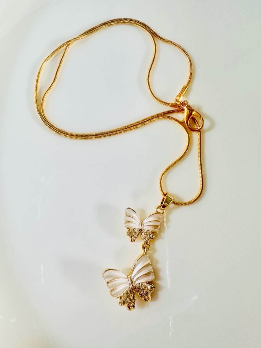 Gold Butterfly Drop Necklace - White Butterflies Enamel Accents. Stunning!